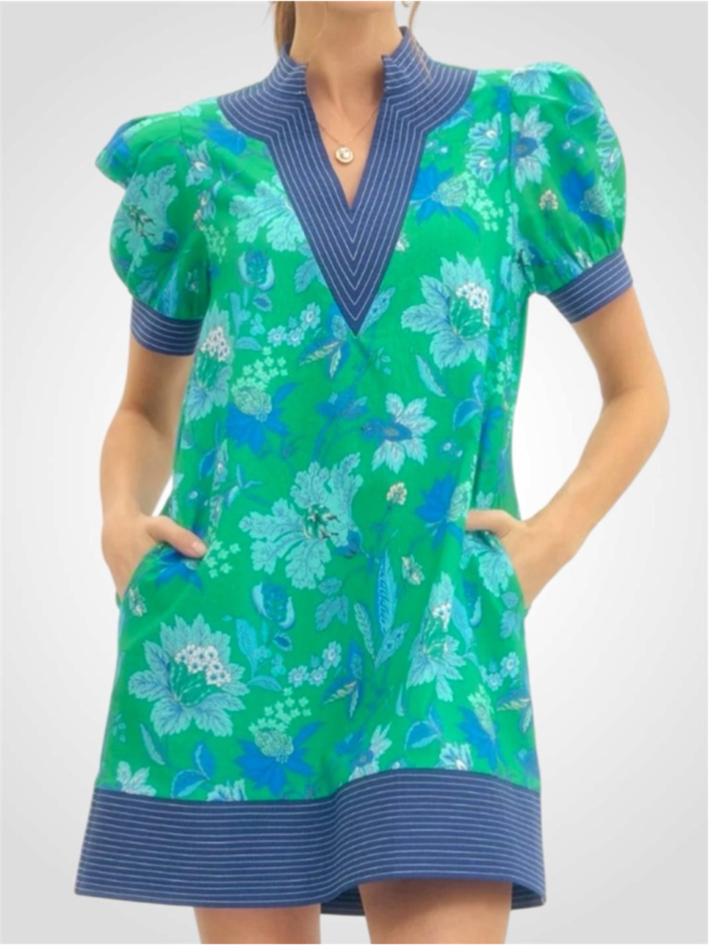 Entro Floral Print Band Contrast Mini Dress in Green/Navy Size S